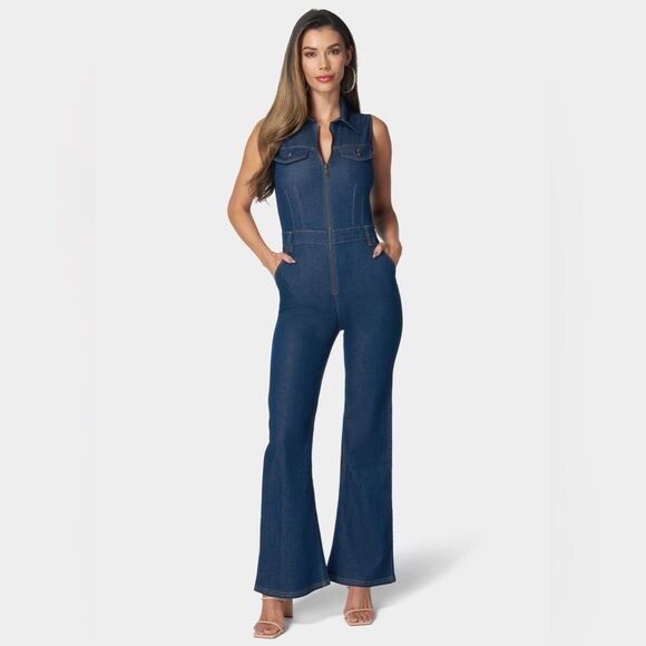NWT Bebe Women's The Feminine Utility Jumpsuit in Denim Indigo Blue Size Medium - Picture 1 of 10
